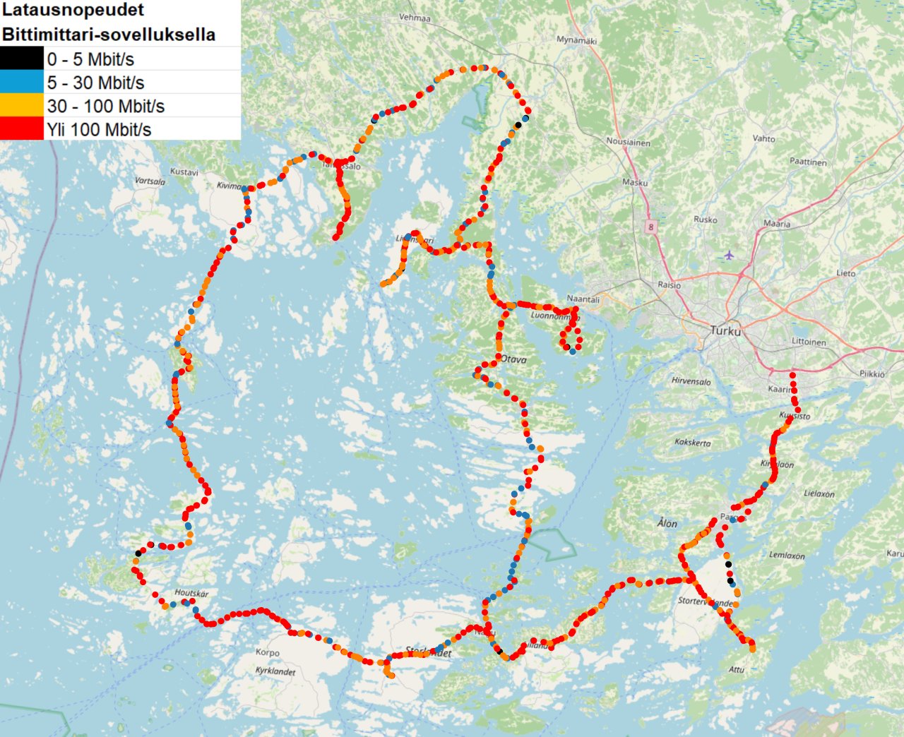 Kuvassa on Saariston Rengastien kartta. Kartalla esitetään reitti, jota mittauksessa ajettiin toukokuussa sekä eri väriellä keskimääräiset latausnopeudet.