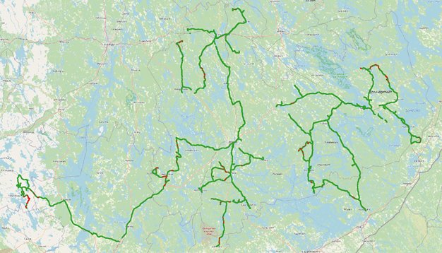 Karttakuva, jossa reittipiirtona näkyvät tulokset Traficomin tekemistä mittauksista DNA:n verkon osalta.