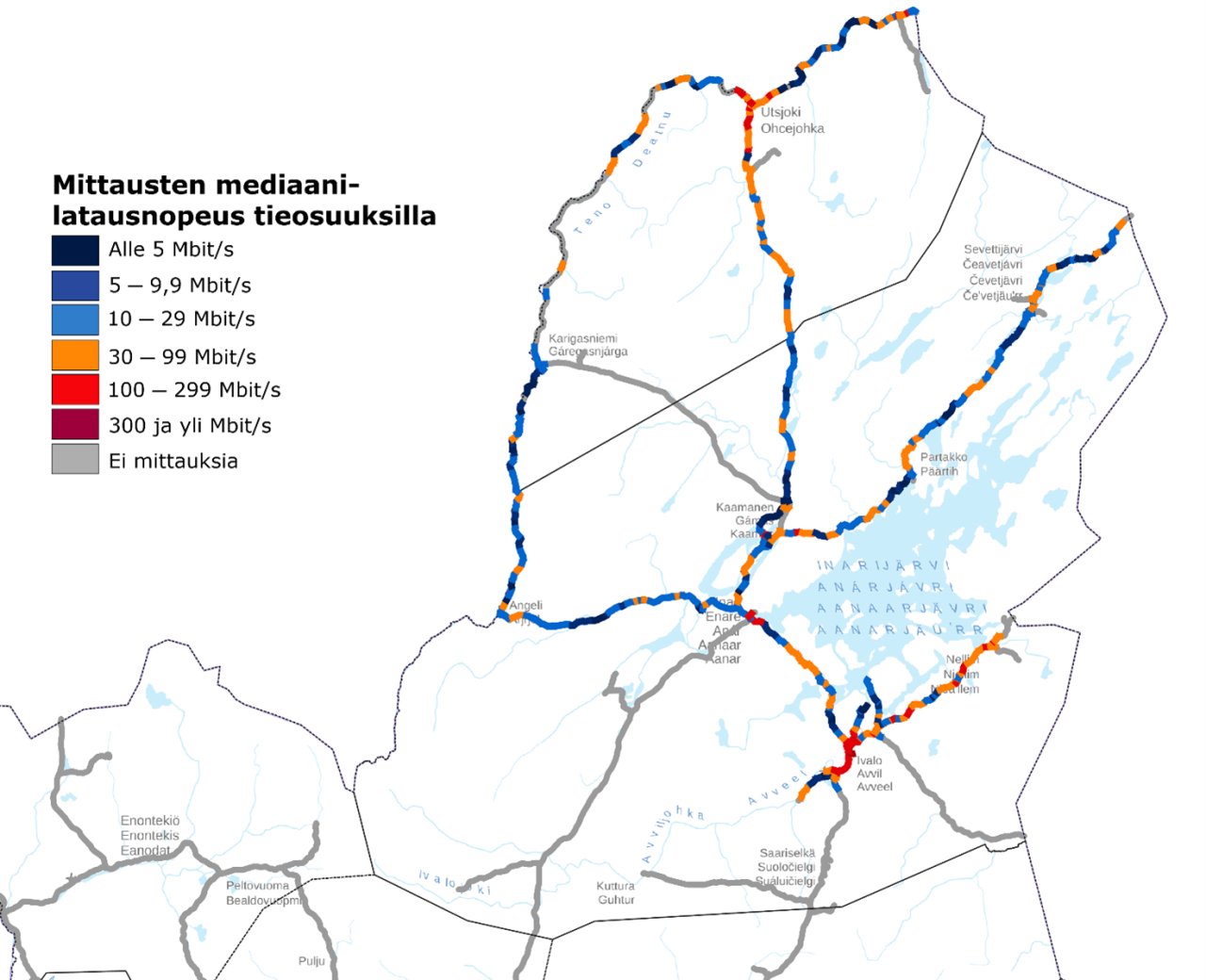 Kuva 1. Karttakuva mittausten mediaanilatausnopeuksista tieosuuksilla. Kuvassa ajetun reitin Bittimittari.fi-sovelluksen mittaustulokset mediaanilatausnopeuksina. Tummansinisin väri: mobiililaajakaistan tulos alitti 5 Mbit/s. Muut sinisen värit: mobiililaajakaistan mittaustulos oli välillä 5–9,9 Mbit/s tai 10–29 Mbit/s. Oranssin ja punaisen eri värit: mobiililaajakaistan mittaustulos välillä 30–99Mbit/s, 100–299 Mbit/s tai 300 ja yli 300 Mbit/s. Harmaa väri kuvastaa alueita, joilla mittauksia ei ollut.