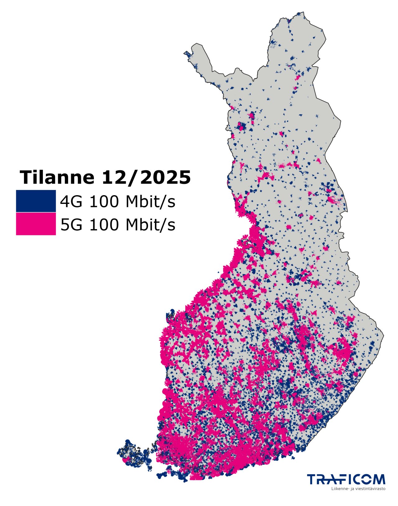 Kuva 1. Suomen kartta, jossa on sinisiä ja pinkkejä alueita kuvaamassa 100 Mbit/s latausnopeuden saatavuutta 4G- ja 5G-verkoissa joulukuussa 2025. Siniset alueet kuvaavat 4G 100 Mbit/s -alueita ja pinkit alueet 5G 100 Mbit/s -alueita.