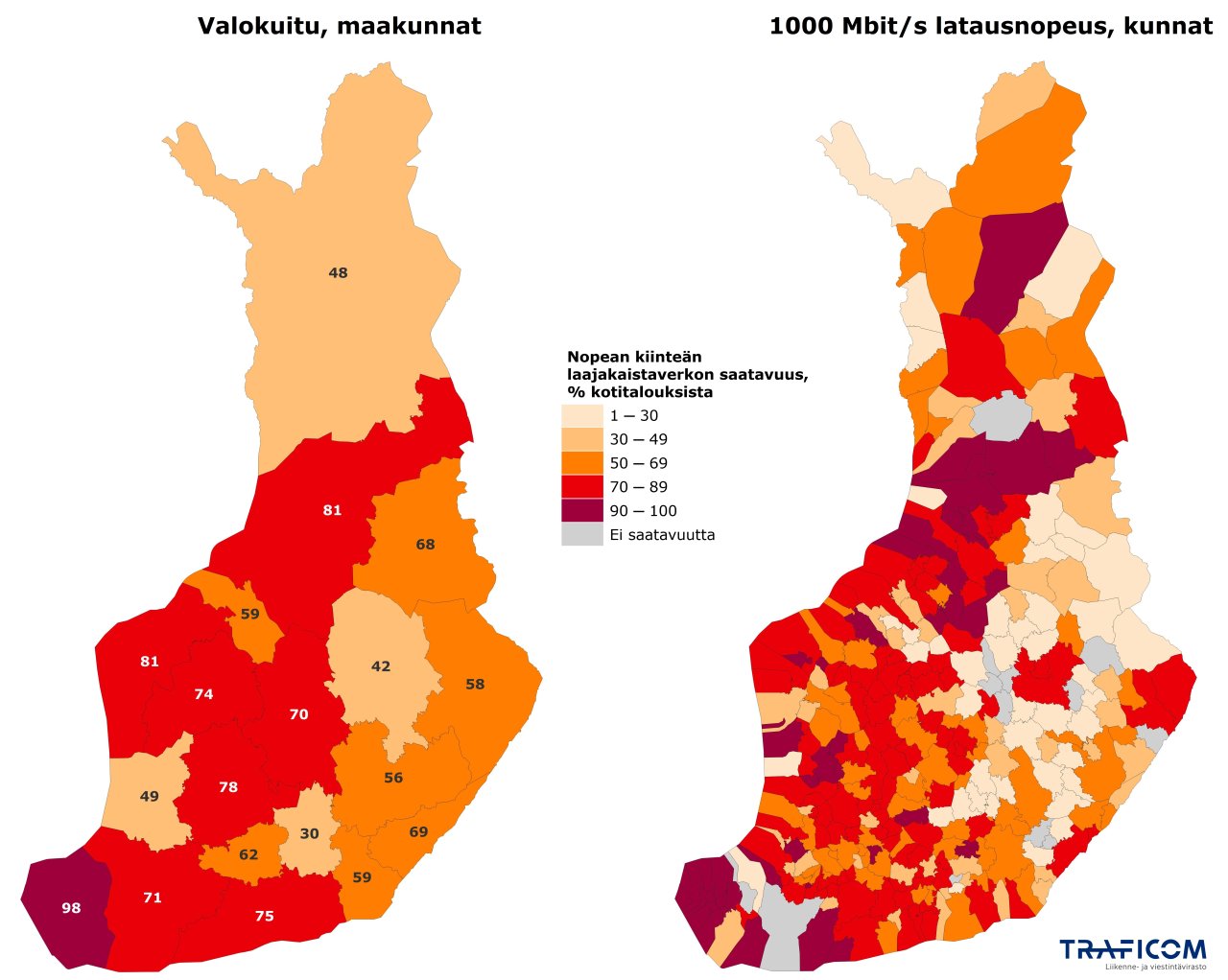 Teemakartalla esitetään % -osuus kotitalouksille asteikolla valokuituverkon saatavuus maakunnittain sekä vastaavalla asteikolla 1000 Mbit/s latausnopeuden saatavuus kunnittain vuoden 2024 syyskuun lopussa.