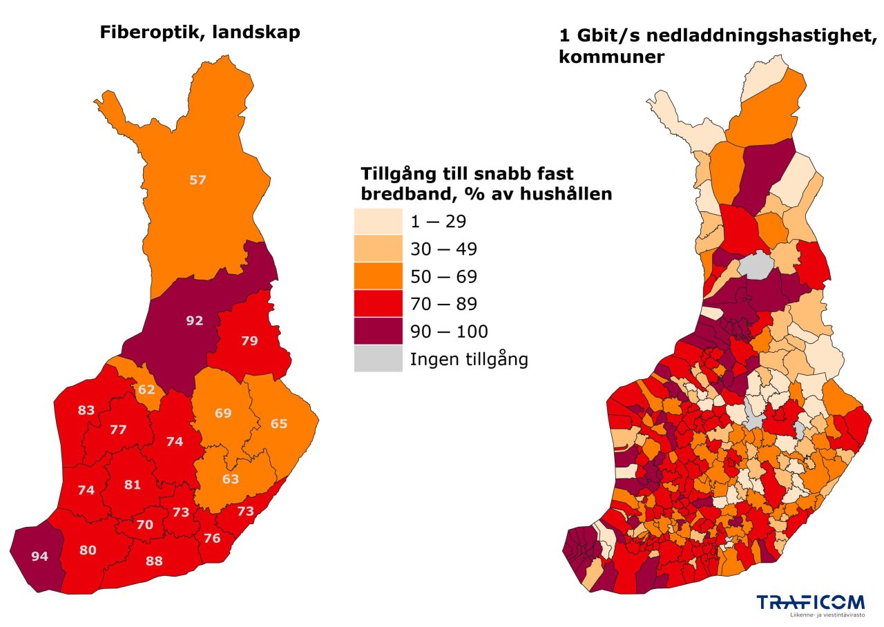 På kartan visas den klassificerade tillgången till fibernät per landskap och tillgången till en nedladdningshastighet på 1 Gbit/s per kommun.
