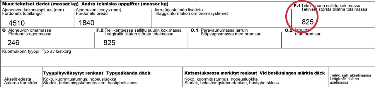 Kuva 2: Perävaunun suurin teknisesti sallittu kokonaismassa (F.1)
