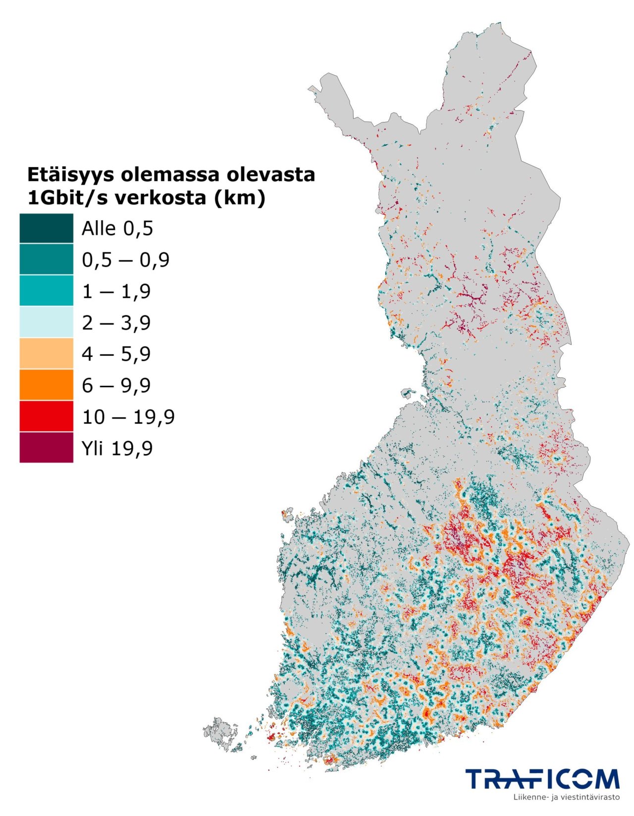Kartalla esitetään luokitellut etäisyydet olemassa olevasta 1 Gbit/s latausnopeuden verkosta.
