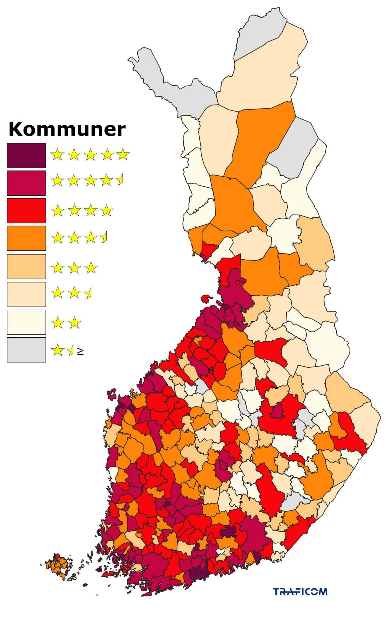 En karta över Finland där kommunerna har markerats med färg enligt antalet stjärnor i Traficoms bredbandsklassificering år 2026. Färgskalan varierar från mörkrött till ljust samt grått.