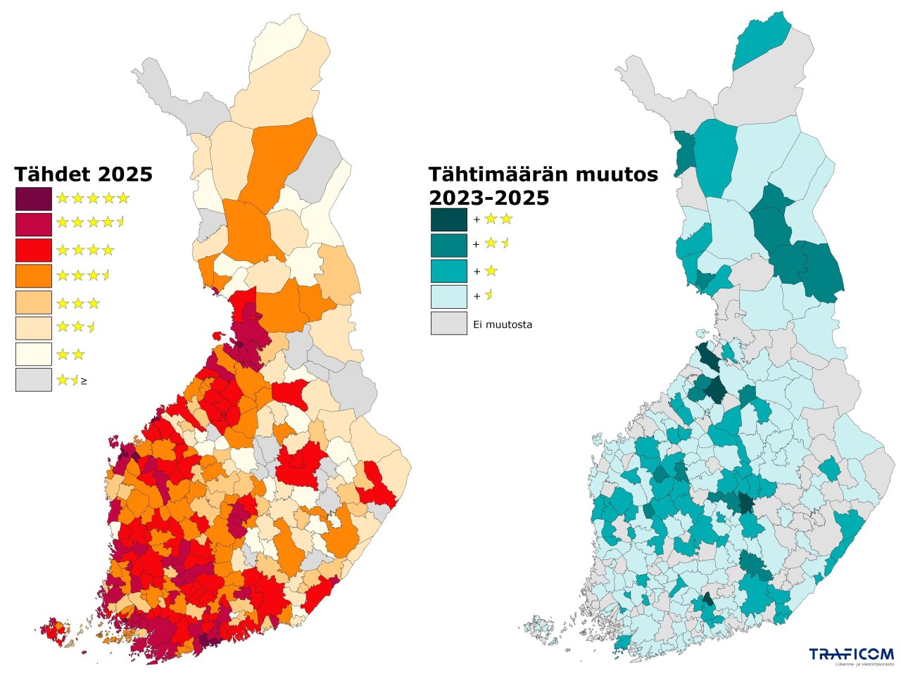 Kartalla esitetään Traficomin laajakaistaluokituksen tähtimäärät kunnittain vuonna 2025 sekä tähtimäärän muutos 2023-2025.