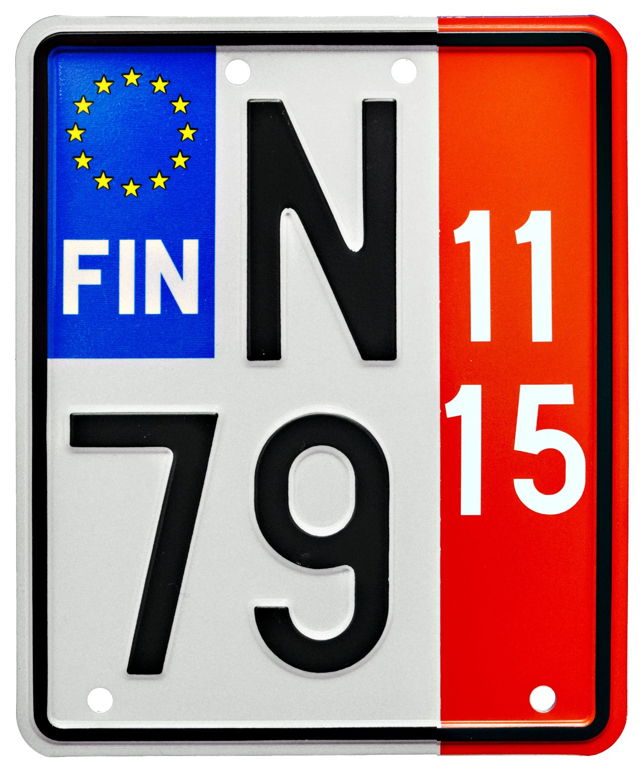 uomalainen moottoripyörän vientikilpi, jossa sininen EU-tunnus ja FIN-merkintä vasemmalla sekä punainen voimassaoloa osoittava alue oikealla, jossa numerot '11 15'. Kilvessä mustalla tekstillä tunnus 'N 79' valkoisella taustalla.