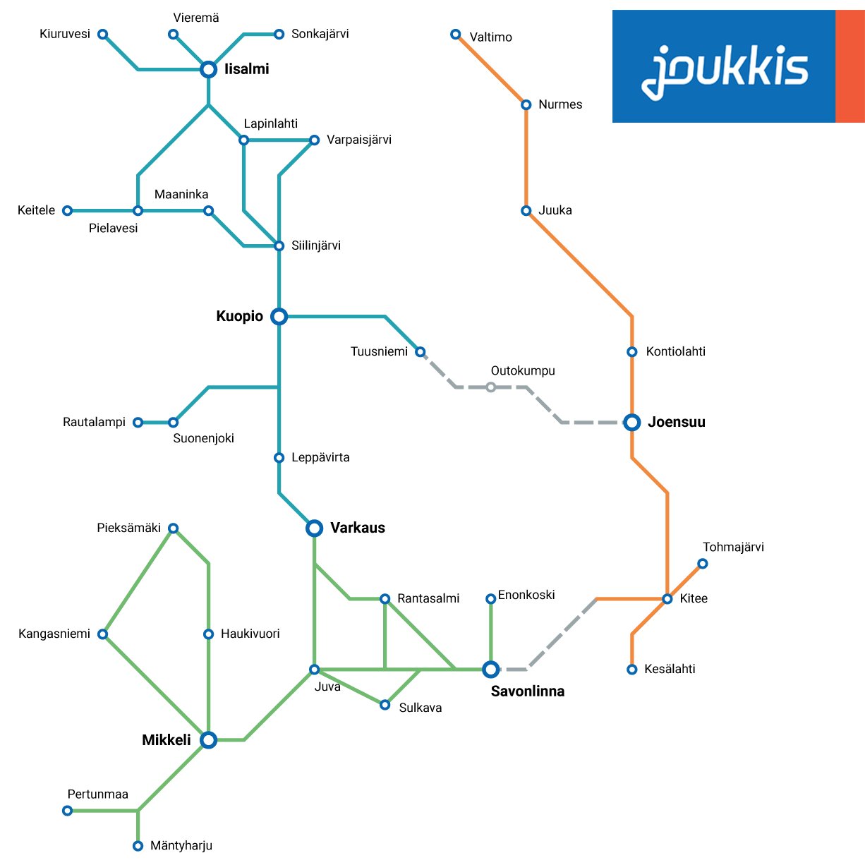 Joukkos-yhteysvälikartta: reitit on lueteltu Liput ja hinnat -sivulla.