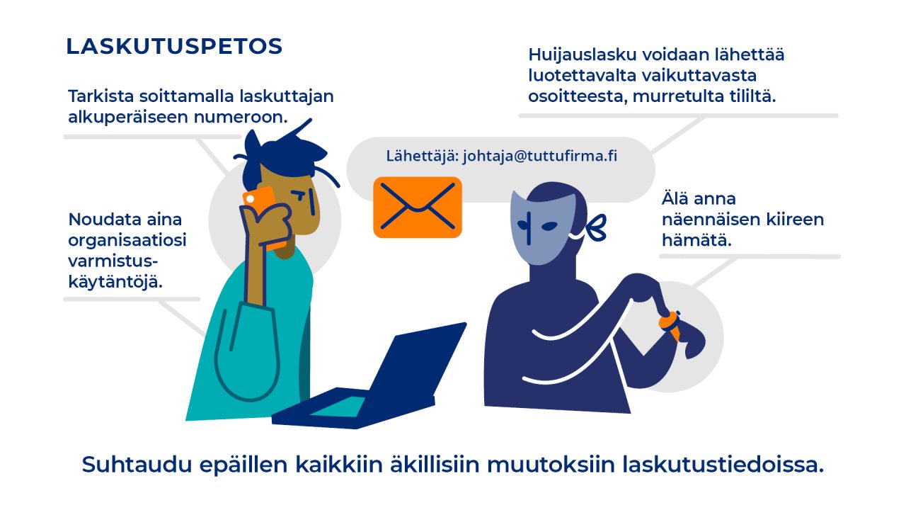 Suhtaudu epäillen kaikkiin äkillisiin muutoksiin laskutustiedoissa. Huijauslasku voidaan lähettää luotettavalta vaikuttavasta osoitteesta, murretulta tililtä. Älä annan näennäisen kiireen hämätä. Tarkista soittamalla laskuttajan alkuperäiseen numeroon. Noudata aina organisaatiosi varmistuskäytäntöjä.