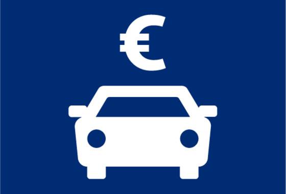 Henkilöauto, jonka yläpuolelle euron merkki - ikoni.