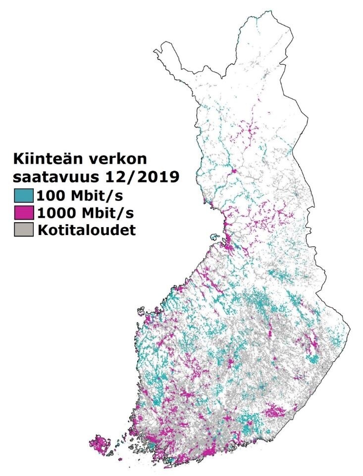 Kuvassa on Suomen kartta, johon on merkitty nopean kiinteän laajakaistaverkon kotitaloussaatavuus joulukuussa 2019. Karttaan on merkitty alueet, jossa saatavuus on joko 100 Megabittiä/sekunti tai 1000 Megabittiä/sekunti. 