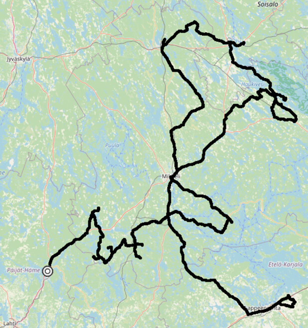 Karttakuva, jossa reitti Traficomin tekemistä mittauksista Etelä-Savossa.