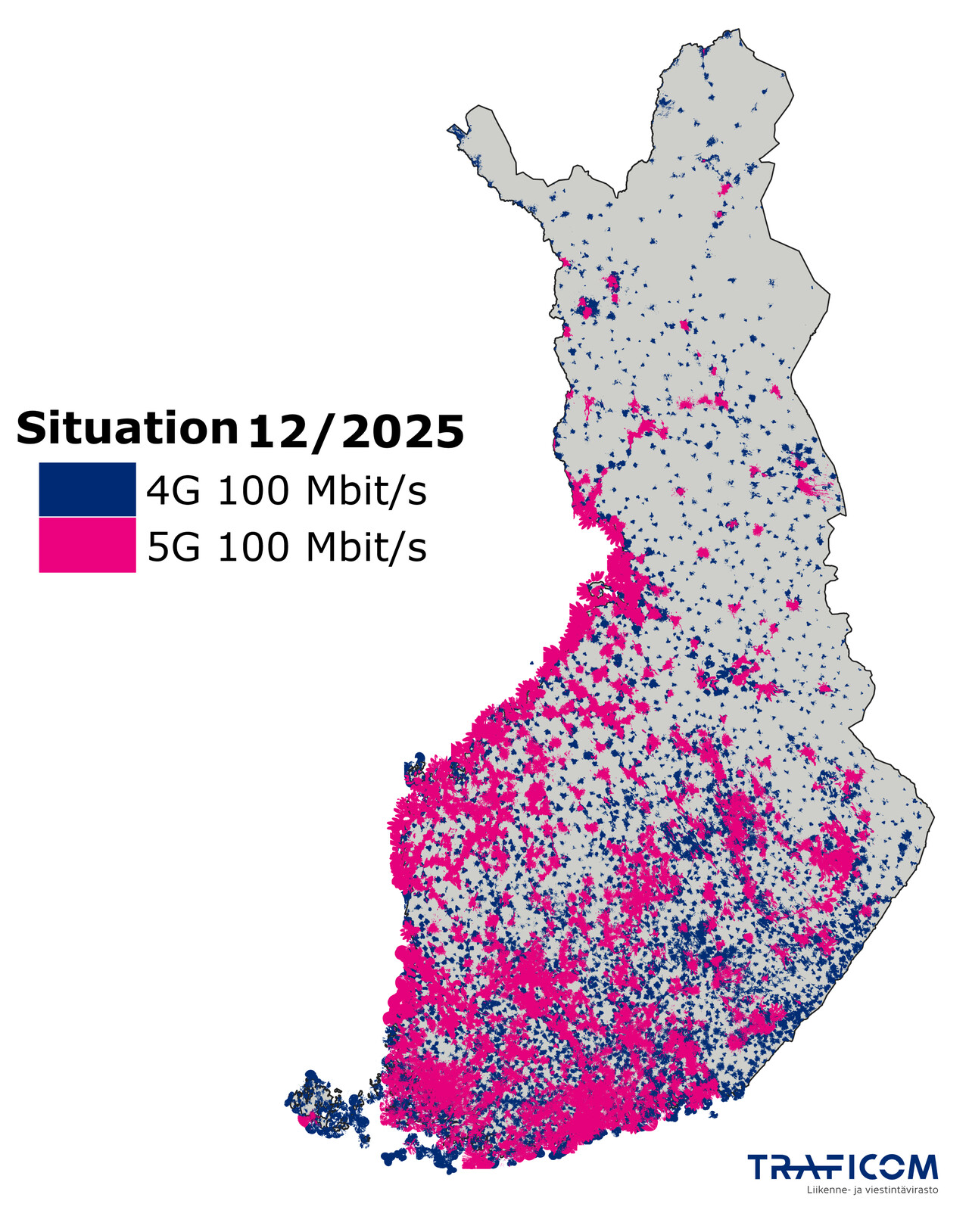 Figur 1. En karta över Finland där blå och rosa områden visar tillgången till en nedladdningshastighet på 100 Mbit/s i 4G- och 5G-nät i december 2025. De blå områdena visar 4G 100 Mbit/s-områden och de rosa områdena visar 5G 100 Mbit/s-områden.