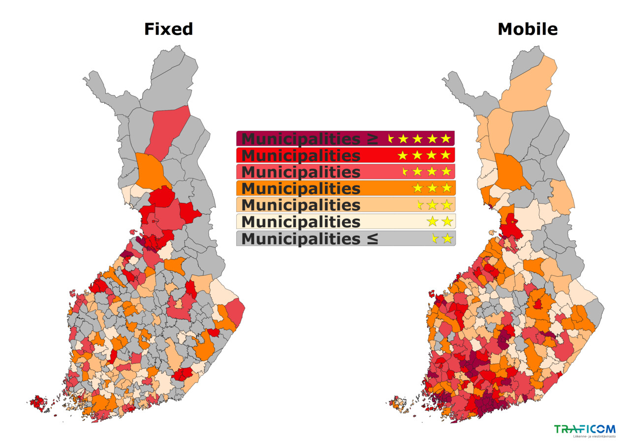 Two maps showing municipalities’ fixed broadband and mobile broadband star ratings, respectively.