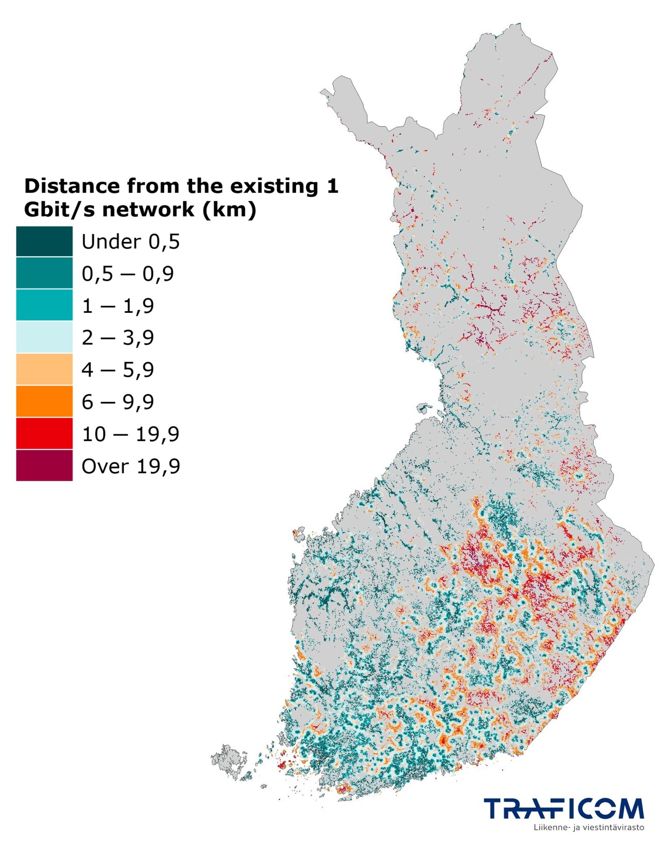 The map shows distances from an existing network with a download speed of 1 Gbps by different categories in kilometres.