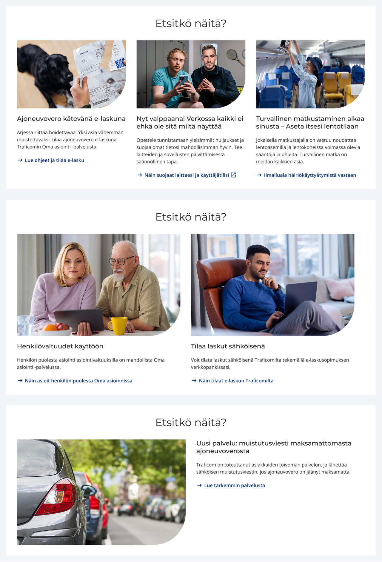 Esimerkki kuvallisesta nostosta laskeutumissivulla, kun nostoja on kolme, kaksi tai yksi.