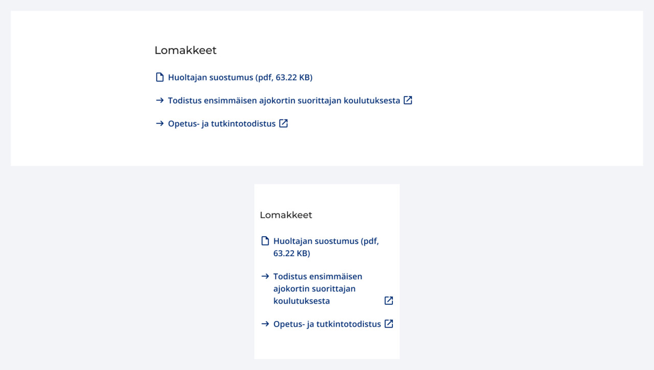 Esimerkit linkkilistasta ilman taustaväriä tietokoneella ja mobiilissa. Linkkilistassa on otsikko ja kolme linkkiä.