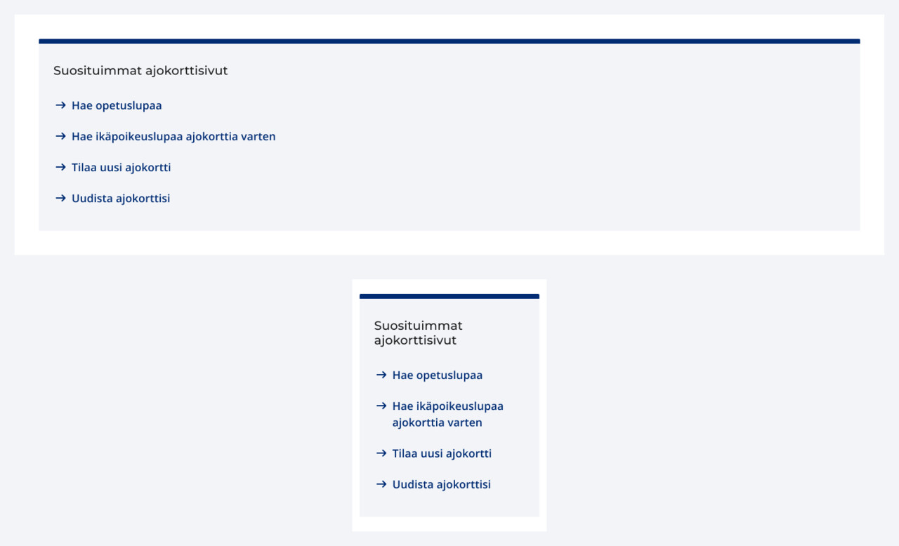 Esimerkkikuva linkkilistasta taustavärillä. Kuvassa esimerkit linkkilistasta tietokoneella ja mobiilissa. Linkkilistassa on otsikko ja neljä linkkiä.