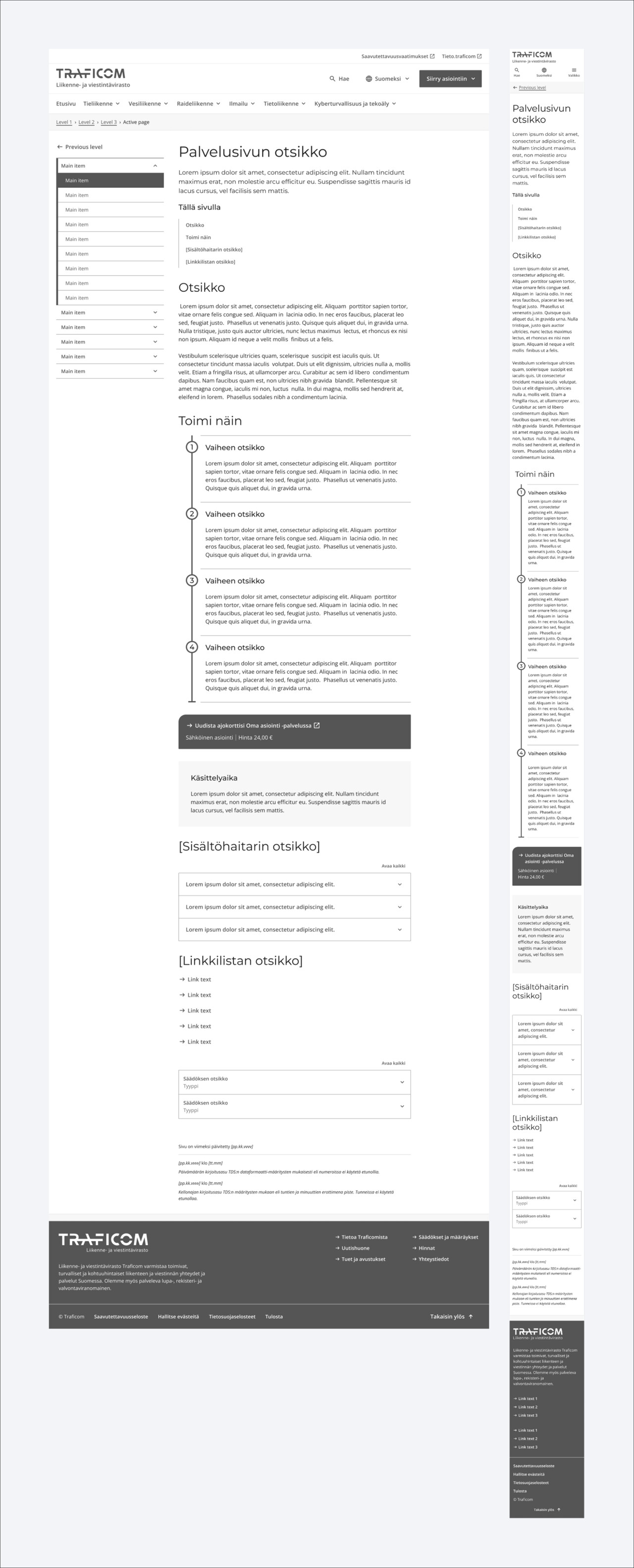 Esimerkkikuva palvelusivun rakenteesta tietokoneella ja mobiilissa.