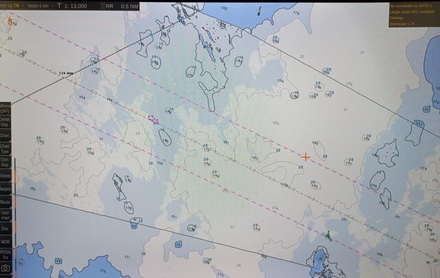 Map picture: S-101 and S-102 test data displayed in an ECDIS simulator.