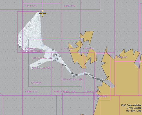 Map: Finnish S-102 test products (white area) for the Vaasa–Umeå test area.