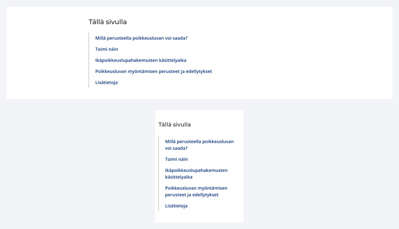 Esimerkkkuva sisällysluettelosta, jossa on otsikko ja viisi sisältökohtaa.