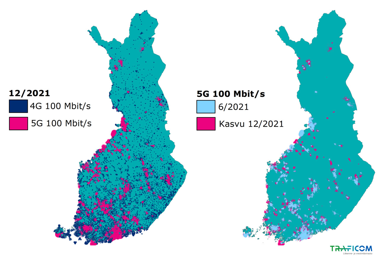 Kartalla esitetään 4G- ja 5G- 100 Mbit/s kattavuus Suomessa joulukuun 2021 lopussa. Kartalle on kuvattu erikseen myös ne alueet missä 5G 100 Mbit/s peitto on kasvanut puolen vuoden aikana.