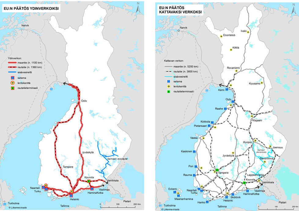 Kartat TEN-T-ydinverkot Suomessa