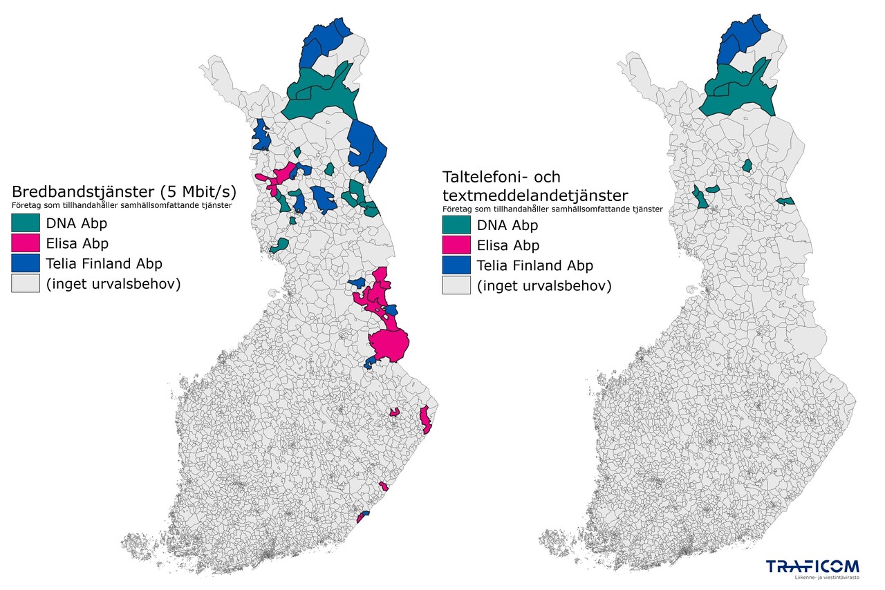 På kartan finns områden för samhällsomfattande tjänster och leverantörer av samhällsomfattande tjänster som ska tillhandahålla bredbandsförbindelser på 5 megabit per sekund och taltelefonitjänster i Finland.