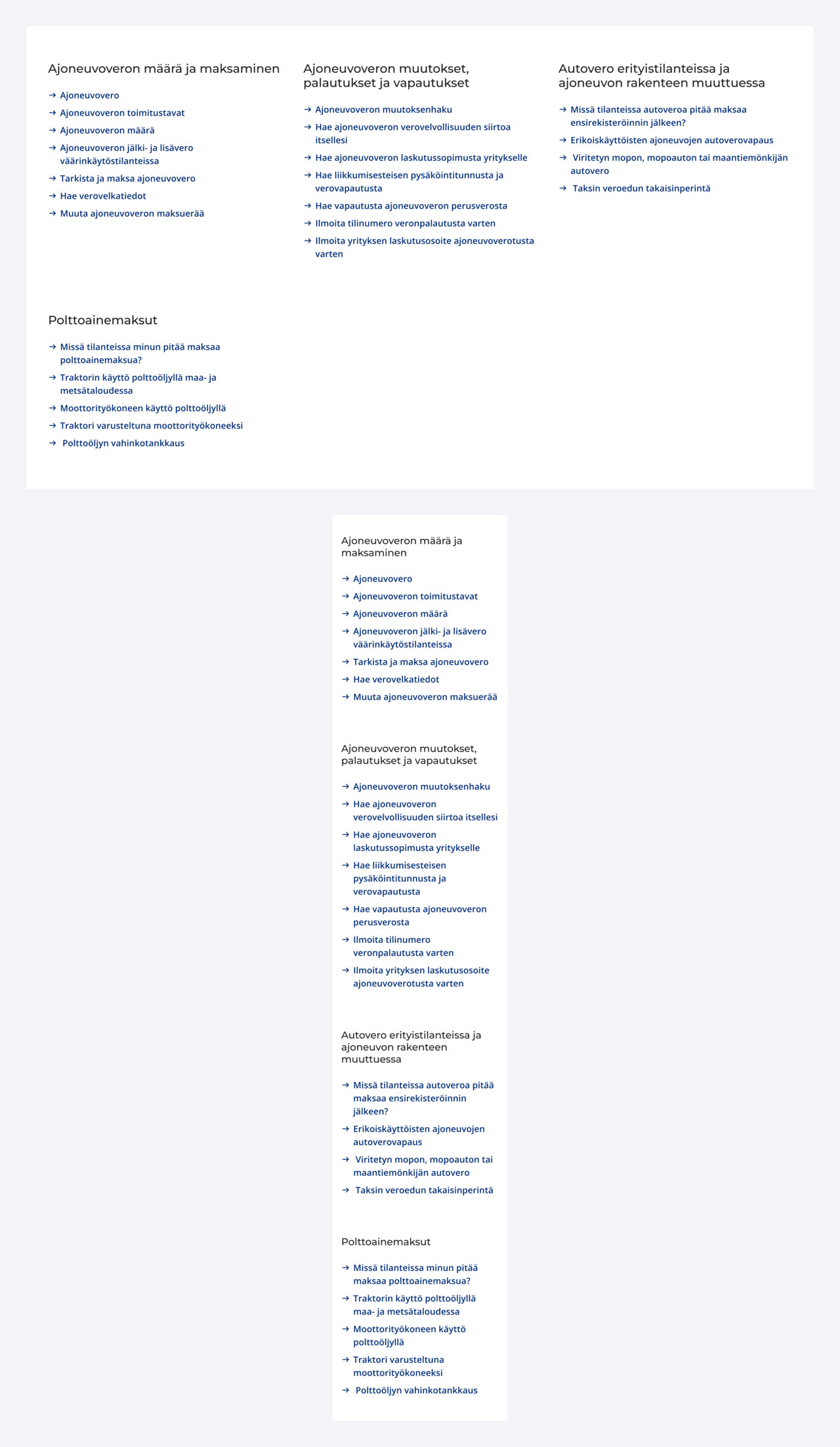 Esimerkki alasivujen listauksesta tietokone- ja mobiilinäkymissä. Kuvassa on kolme otsikkoa, joiden alla listana linkkejä alasivuille.