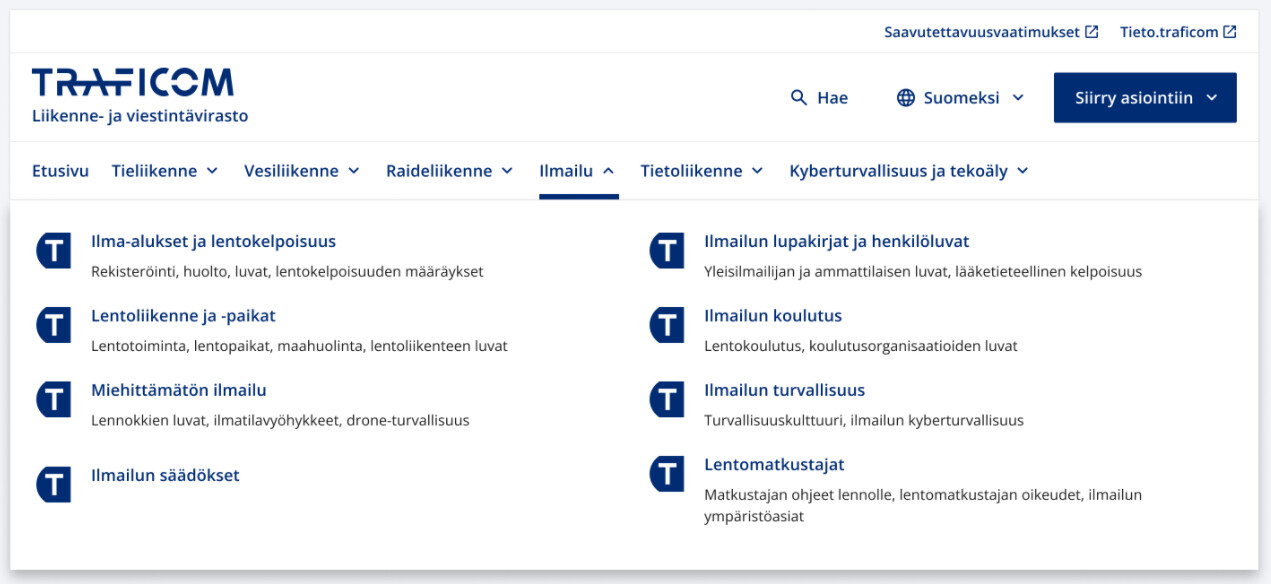 Kuvakaappaus avautuvasta megamenu-valikosta ilmailun kohdalta
