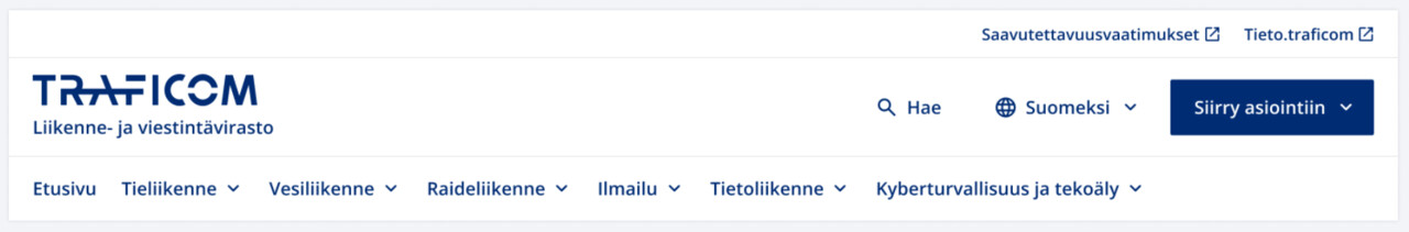 Kuvakaappaus ylänavigaatiosta jossa otsikot Etusivu, Tieliikenne, Vesiliikenne, Raideliikenne, Ilmailu, Tietoliikenne ja Kyberturvallisuus ja tekoäly