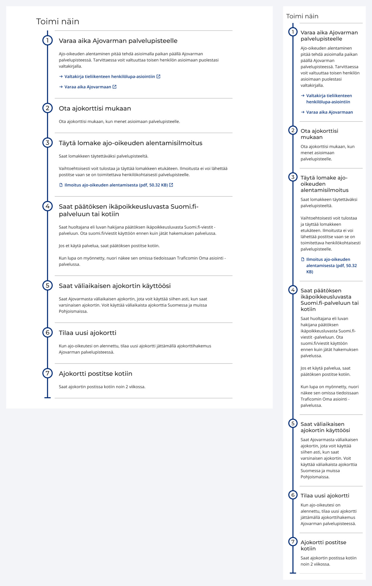 Esimerkki ohje-elementin käytöstä tietokoneella ja mobiilissa. Kuvassa kerrotaan, miten ajo-oikeuden alentamisilmoitus tehdään..