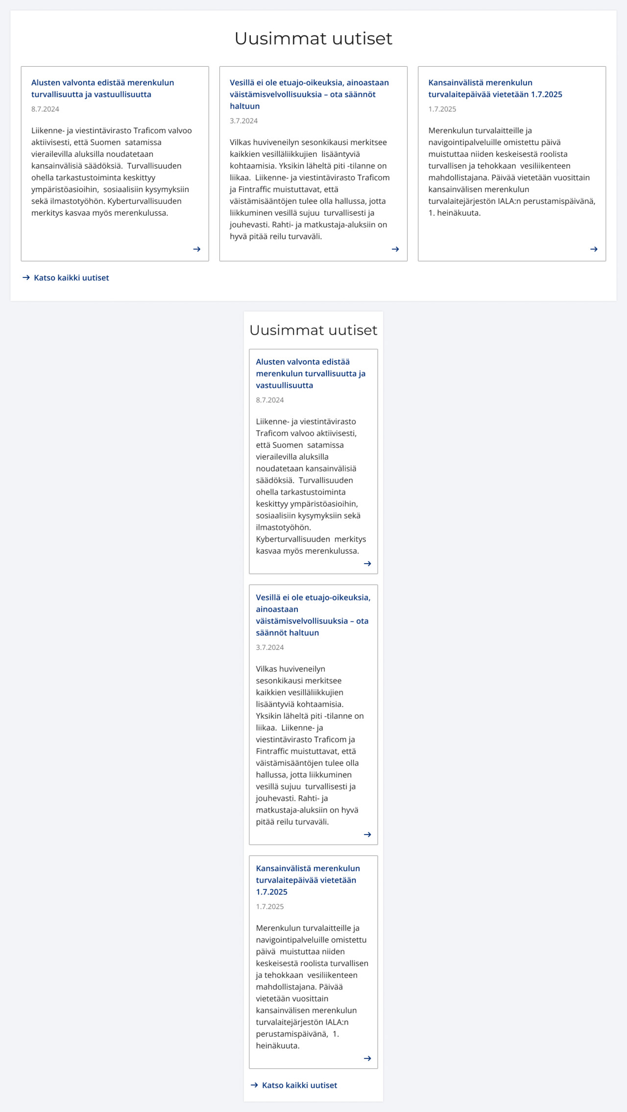 Uutislistauselementti tietokoneella ja mobiilissa. Kuvassa on kolme uutisnostoa merenkulun alalta.